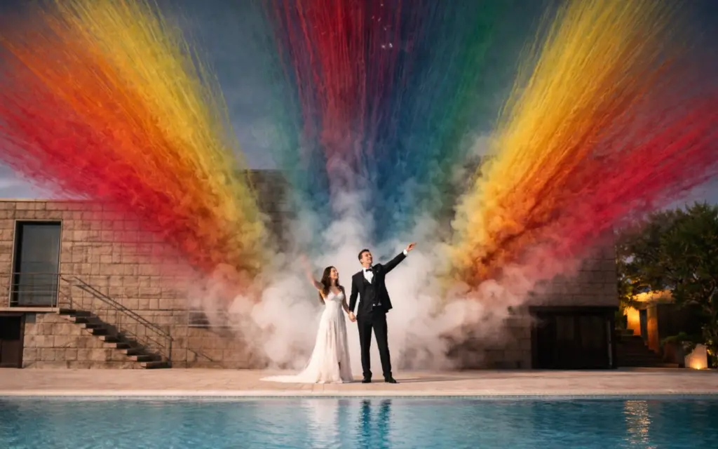 Inspiração para um casamento com fumos multicolores